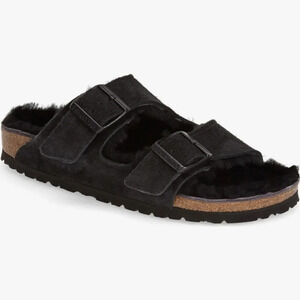 Birkenstock Women's Arizona Genuine Shearling Lined Slide Sandal in Black Sz: 7